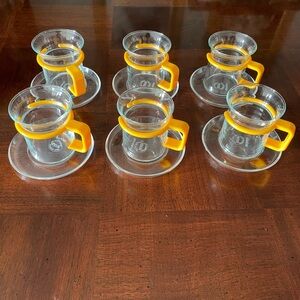Bodum Glass Espresso Coffee Yellow Handle Set Of 6  With Saucers Vintage Denmark